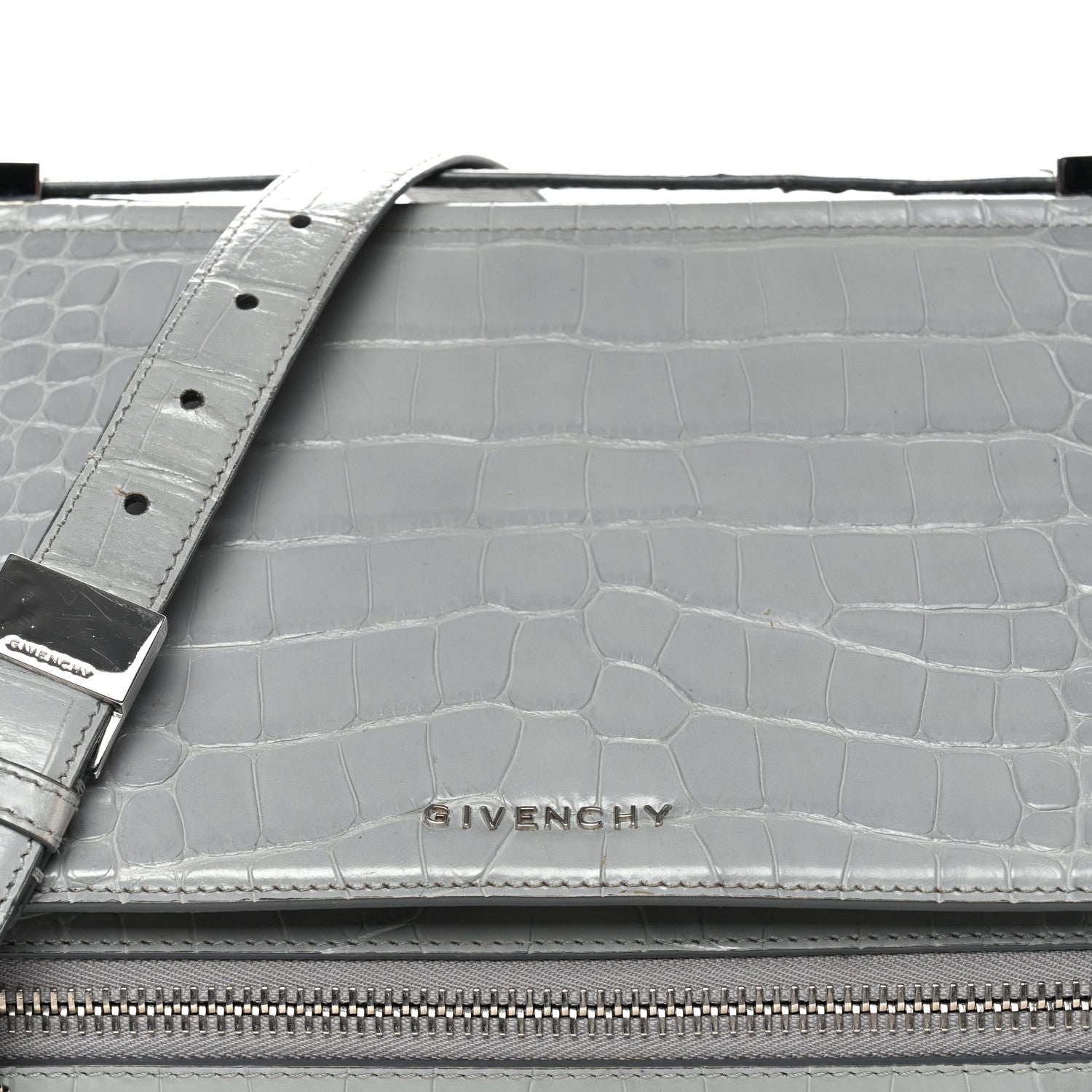 Calfskin Crocodile Embossed Medium Pandora Box Crossbody Bag Grey