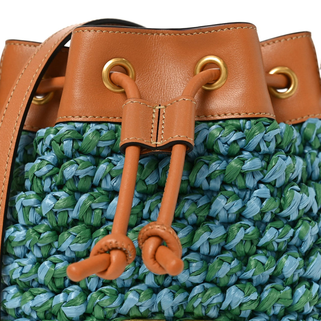 Raffia Crochet Nappa Mini Vlogo Bucket Bag Brown Blue