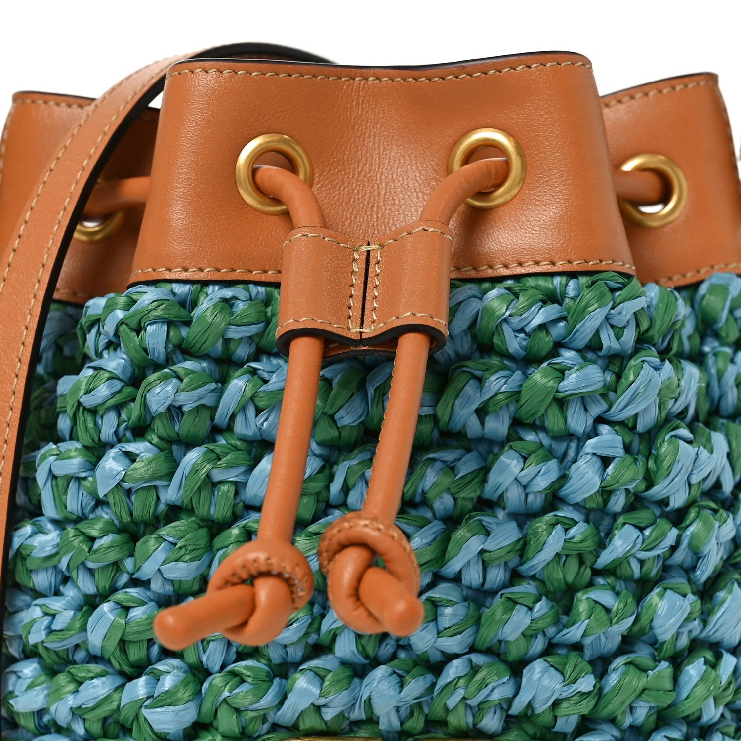 Raffia Crochet Nappa Mini Vlogo Bucket Bag Brown Blue
