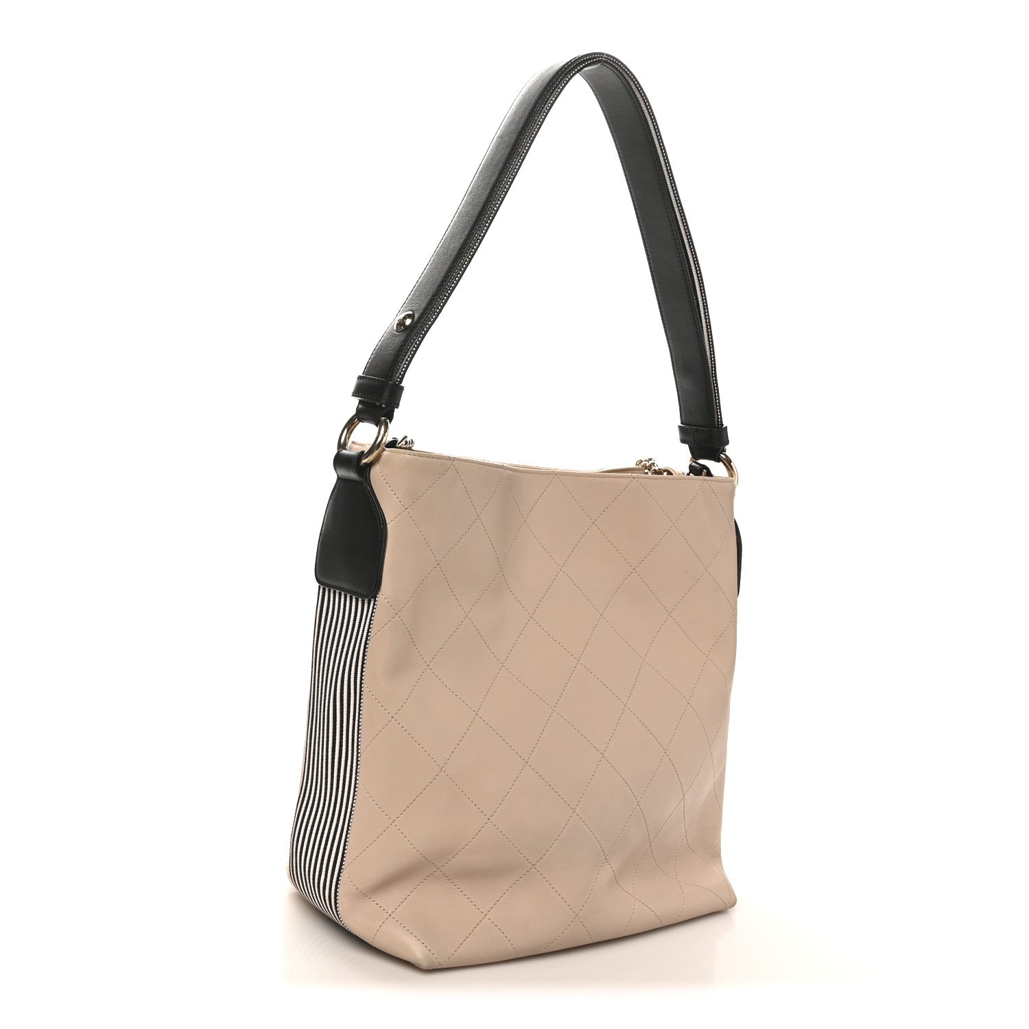 Calfskin Stitched Large Stripe Hobo Beige Black