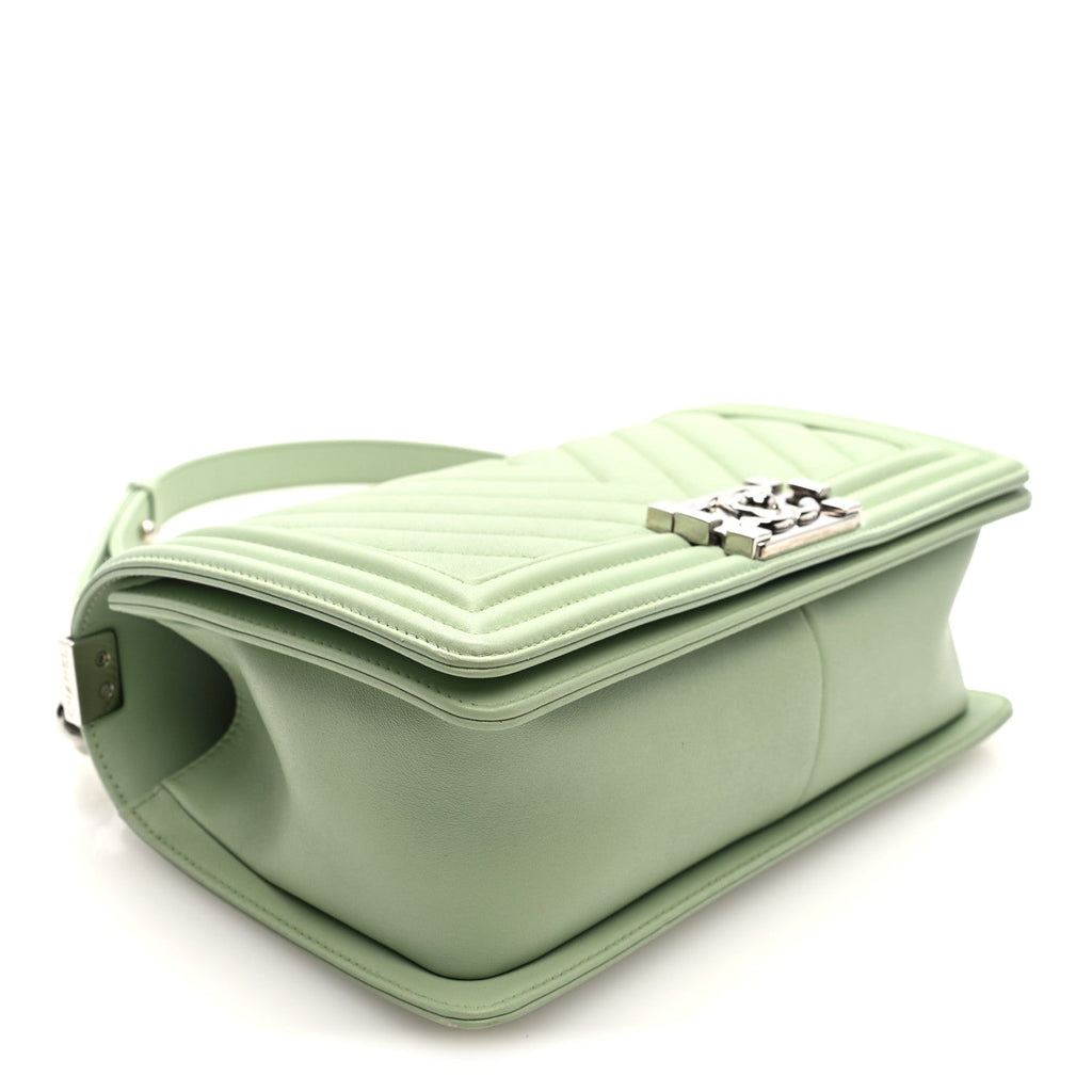 Calfskin Chevron Quilted Medium Boy Flap Light Green