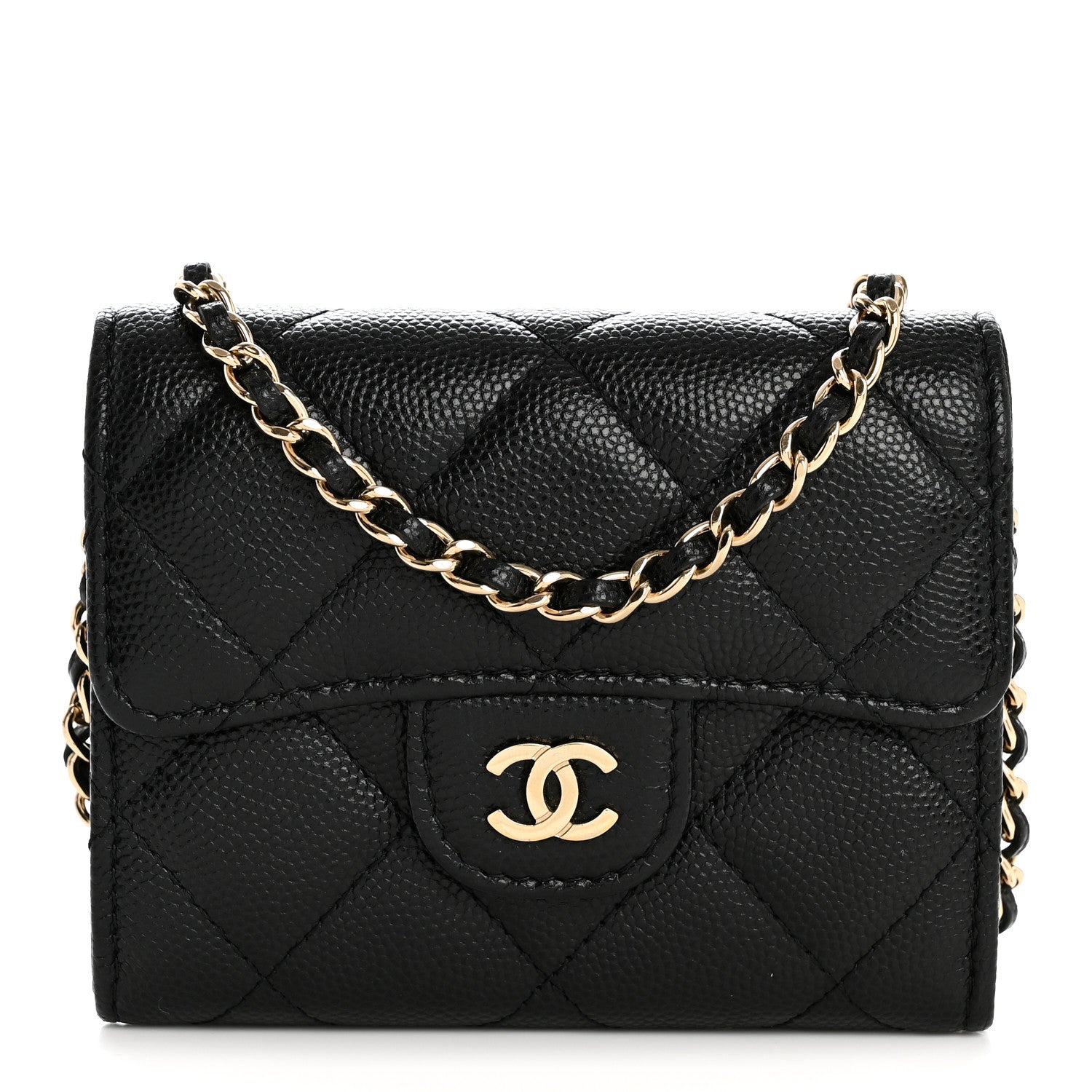 Caviar Quilted Flap  Holder On Chain Black
