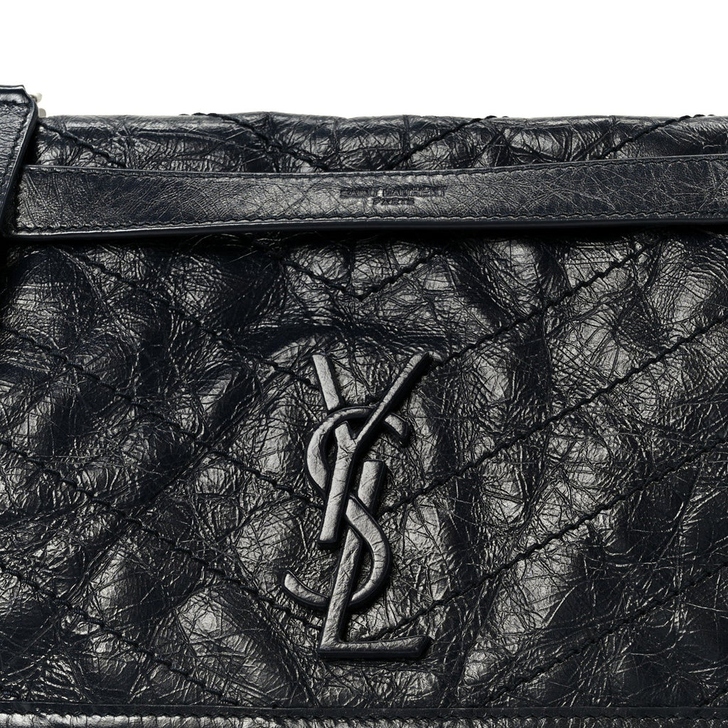 Crinkled Calfskin Matelasse Monogram Medium Niki Chain Satchel Deep Marine