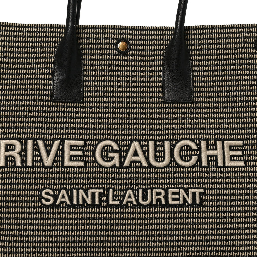 Embroidered Cotton Linen Rive Gauche Noe Tote Black Beige