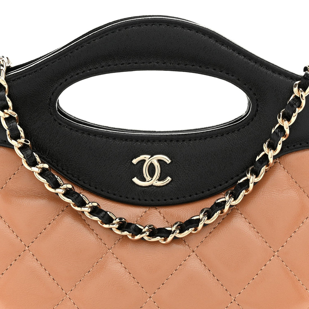 Shiny Crumpled Calfskin Quilted Nano 31 Shopping Bag Dark Beige Black