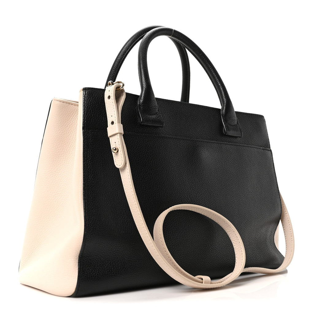 Grained Calfskin Small Bi-Color Neo Executive Shopper Tote Black Beige