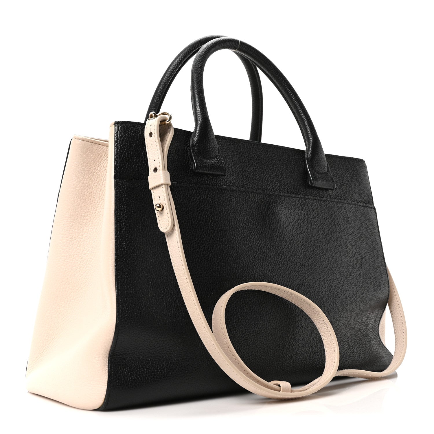 Grained Calfskin Small Bi-Color Neo Executive Shopper Tote Black Beige