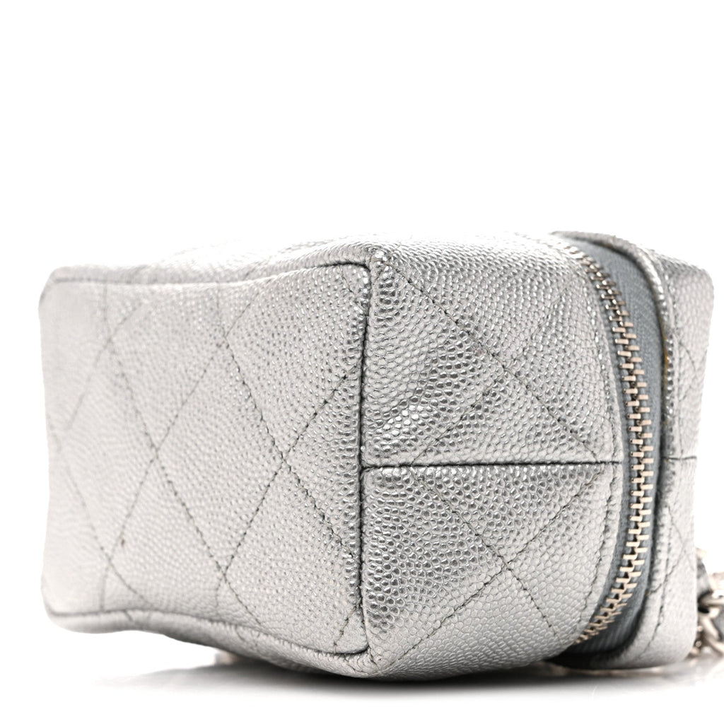 Metallic Caviar Quilted Mini Top Handle Vanity With Chain Silver