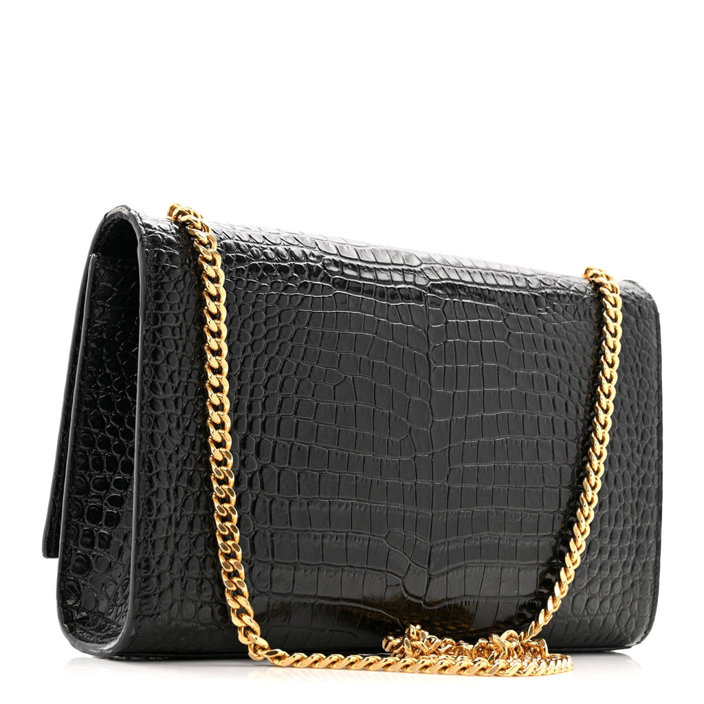 Calfskin Crocodile Embossed Medium Classic Monogram Kate Tassel Satchel Black