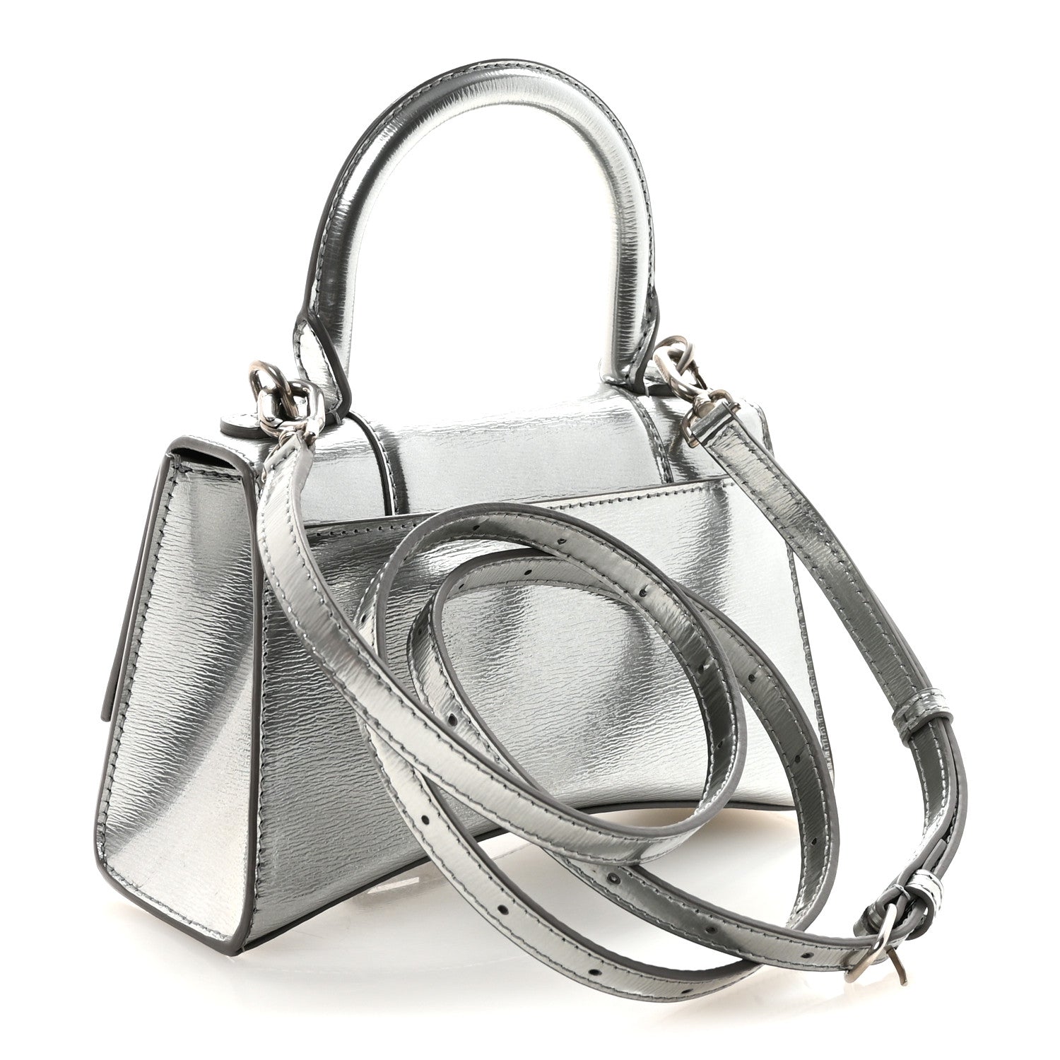 Metallic Textured Calfskin Hourglass Top Handle Bag XS Silver