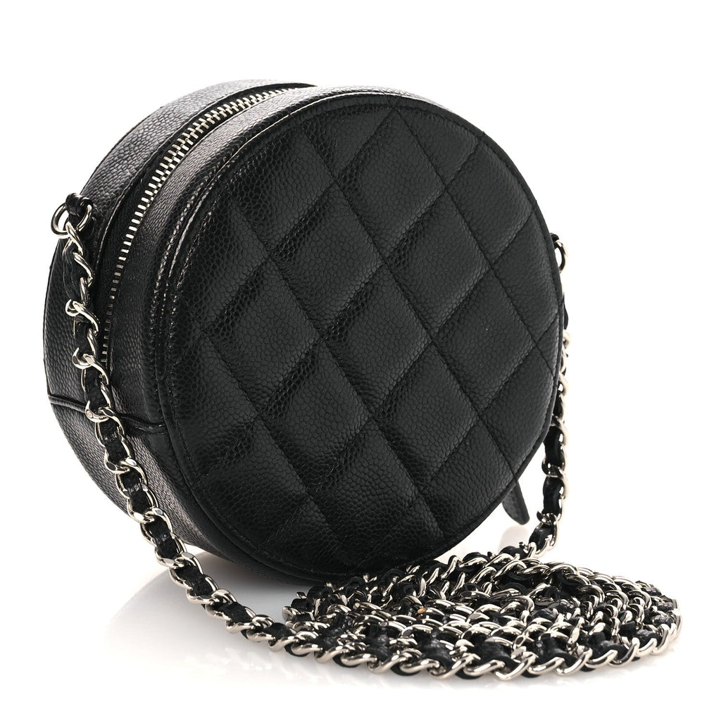 Caviar Quilted Round Clutch With Chain Black