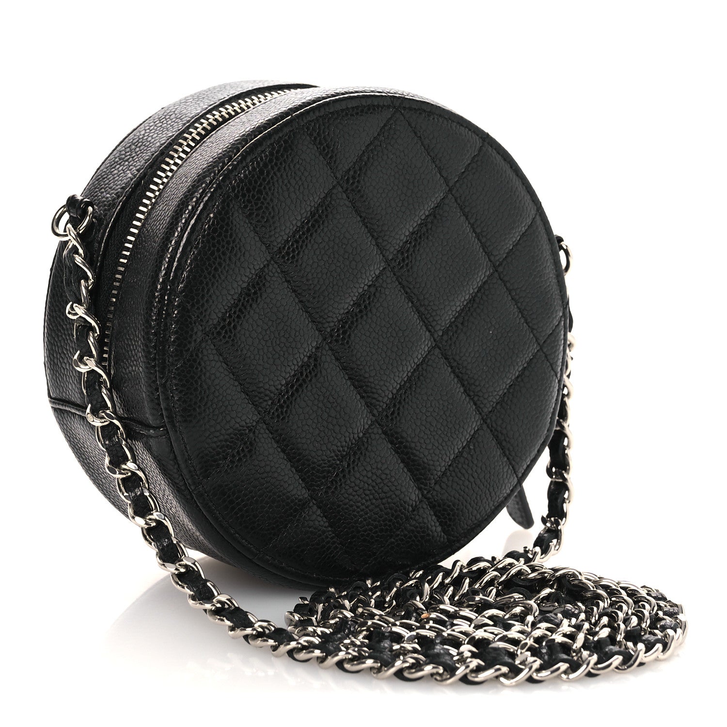 Caviar Quilted Round Clutch With Chain Black