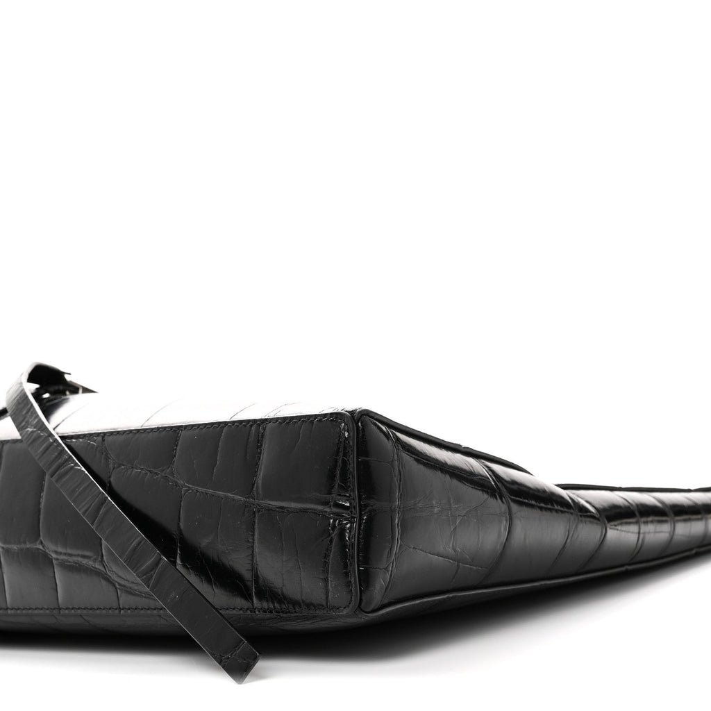 Calfskin Crocodile Embossed Large Cut Out Shoulder Bag Black