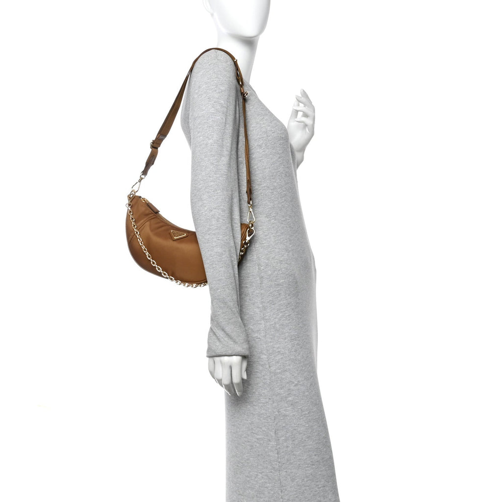 Re-Nylon Saffiano Demi-lune Shoulder Bag Brown