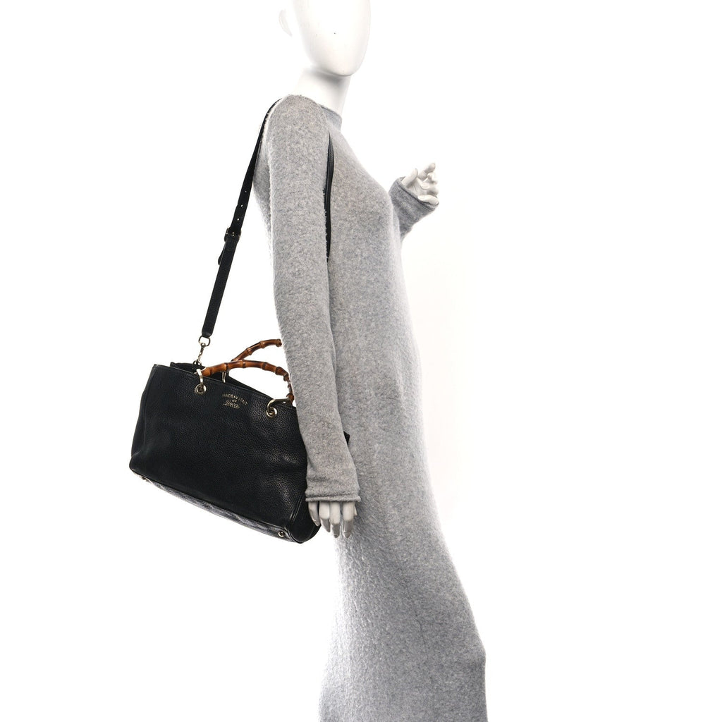 Pebbled Calfskin Medium Bamboo Shopper Tote Black
