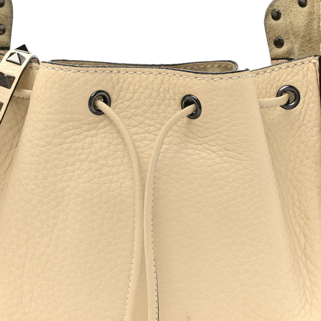 Grained Calfskin Rockstud Bucket Bag Ivory