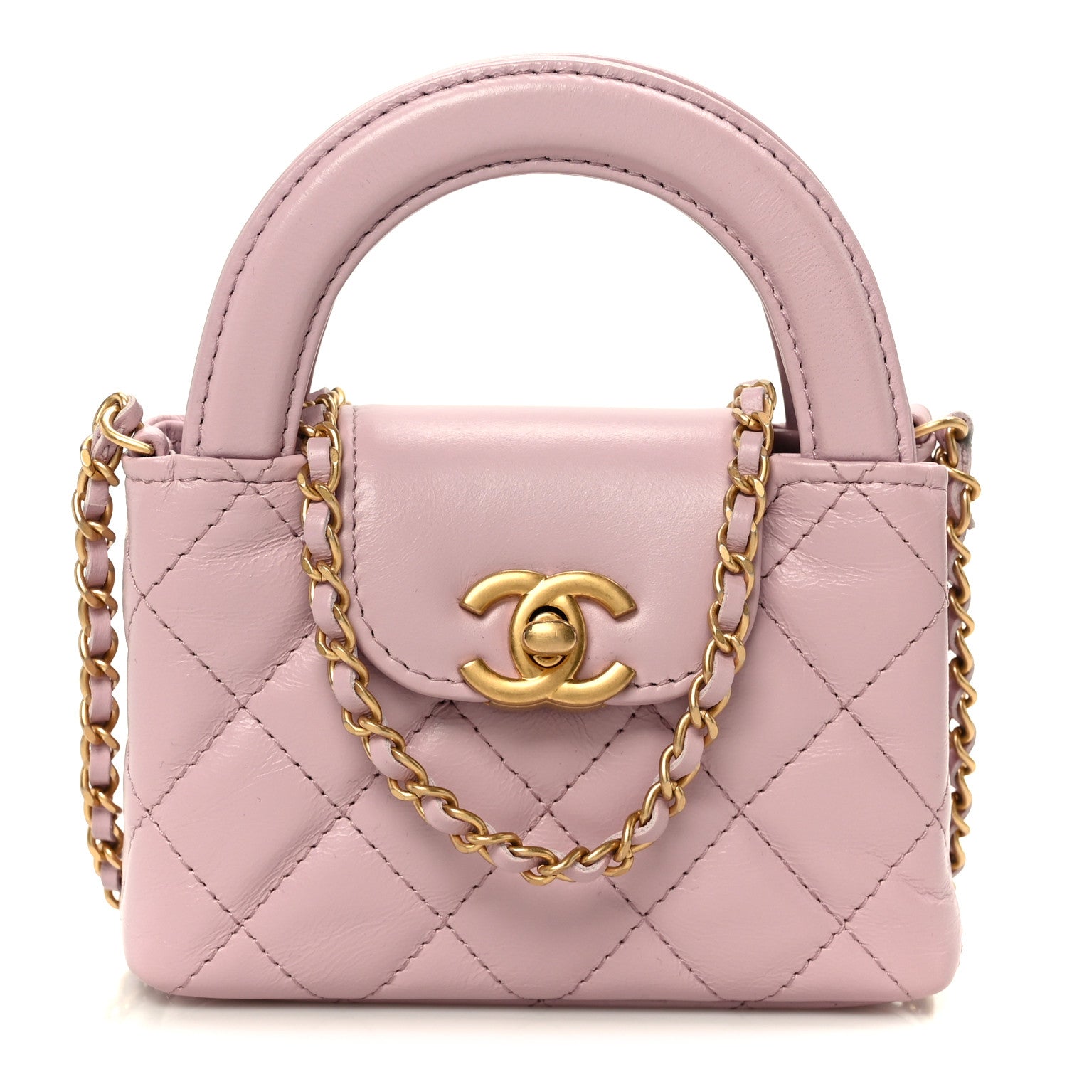 Shiny Aged Calfskin Quilted Mini Nano Kelly Shopper Light Pink