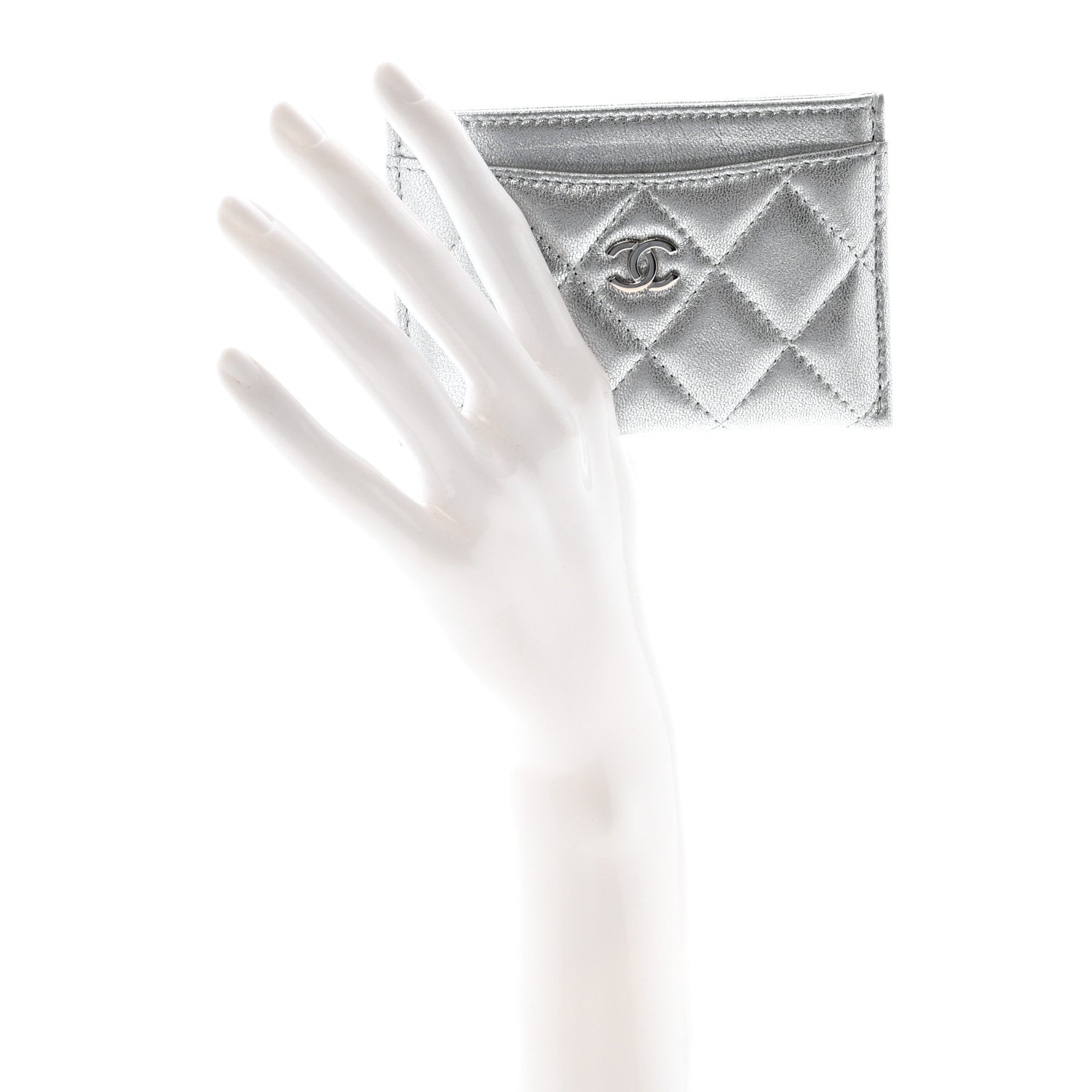 Metallic Lambskin Quilted CC  Holder Silver