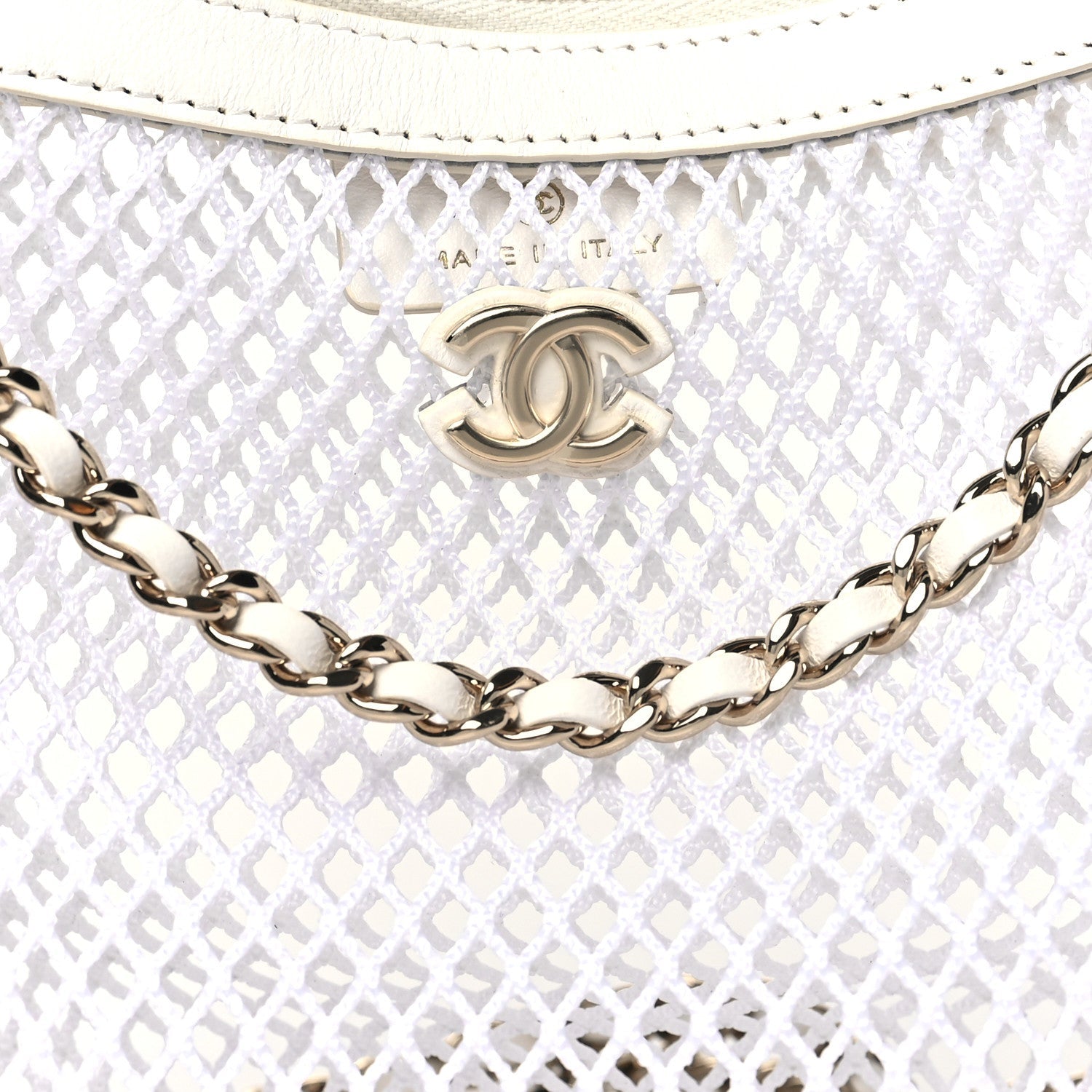 Mesh Shiny Lambskin Chain Hobo White