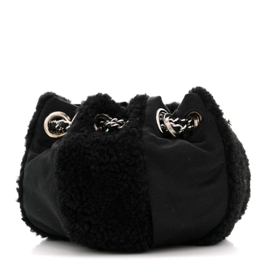 Fur Satin Drawstring Tassel Sac Cordon Shoulder Bag Black
