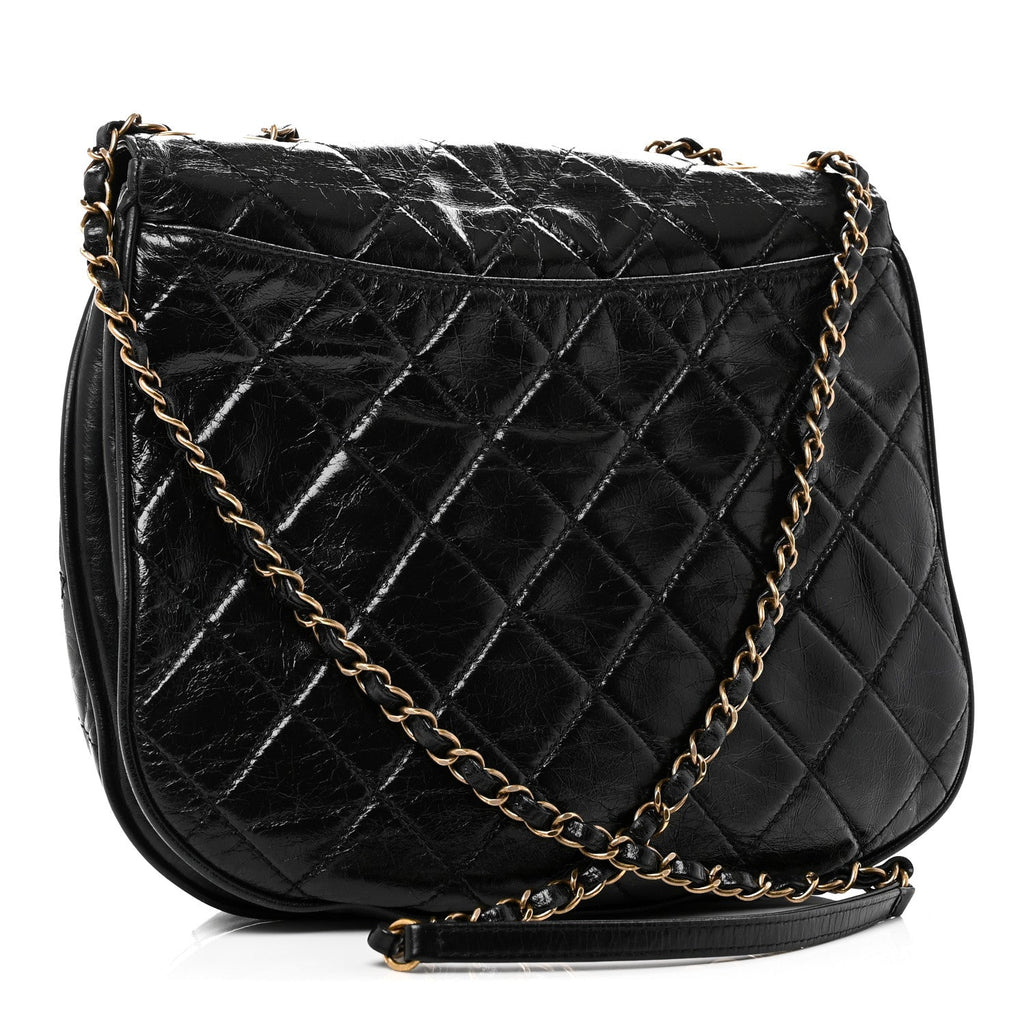 Glazed Calfskin Quilted Medium Bubble CC Flap Black