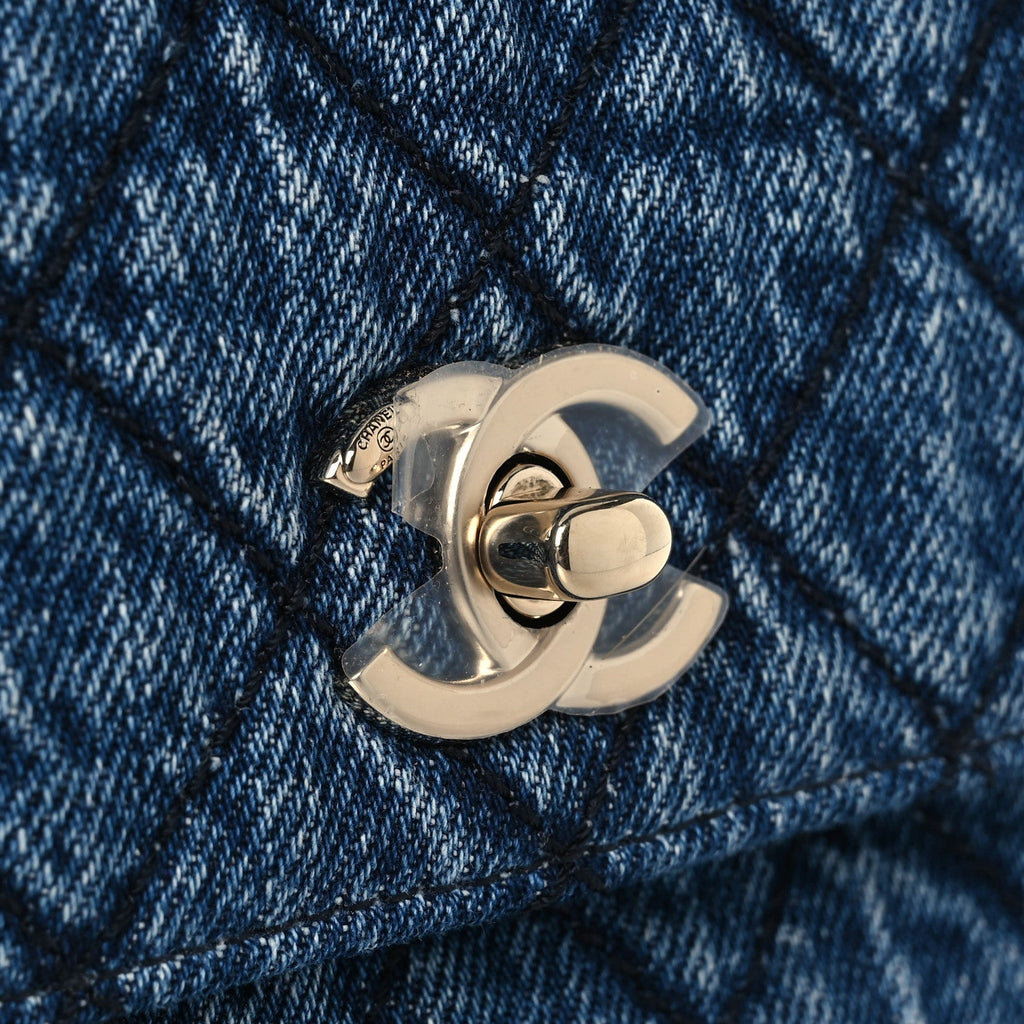 Washed Denim Quilted Mini Coco Handle Flap Blue