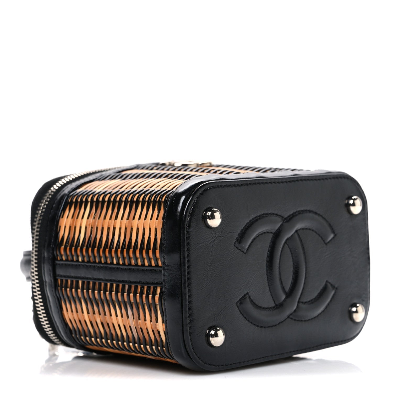 Calfskin Raffia Small Vanity Case Bag Black Beige