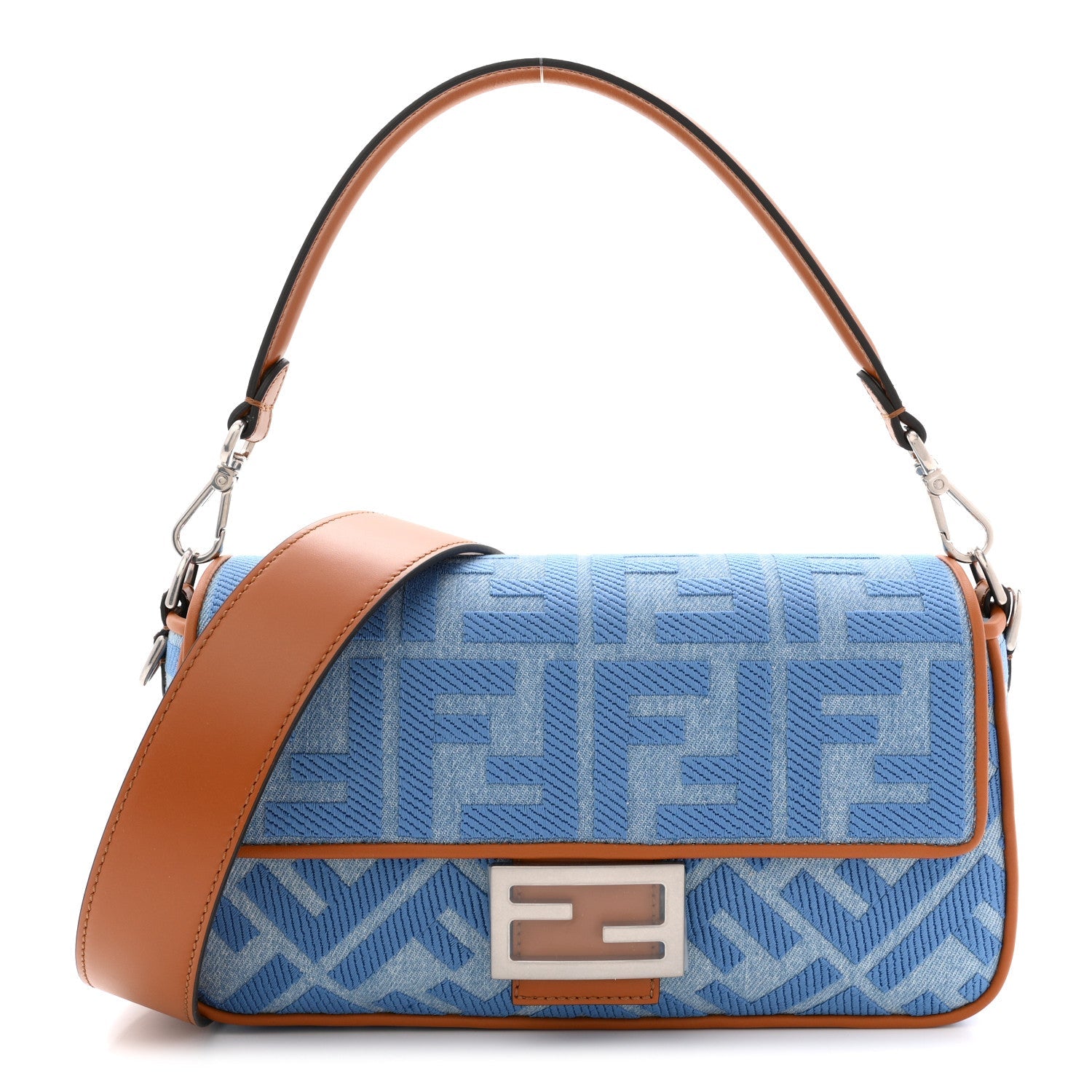Denim Vitello King FF Embroidered Baguette Denim Chiaro Brandy