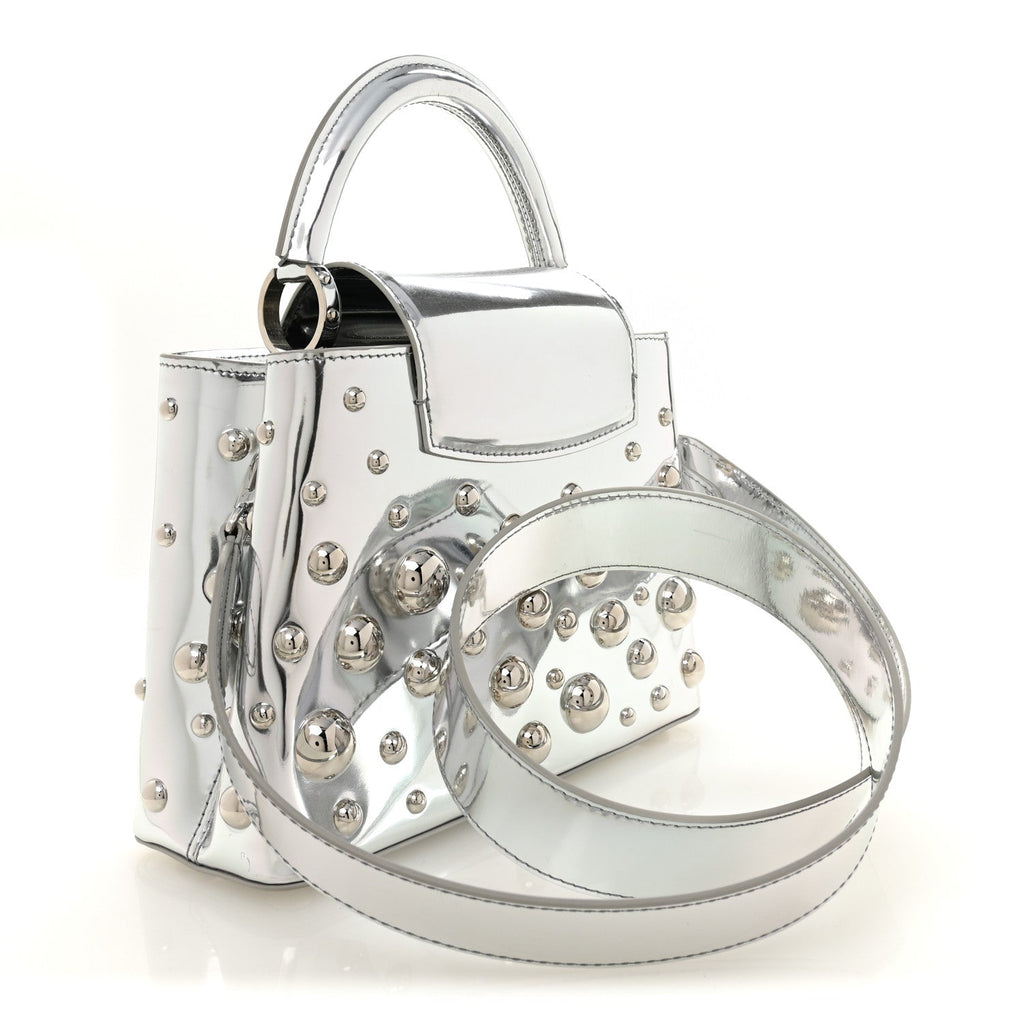 LV X YK Metallic Taurillon Brass Metal Dots Capucines BB Silver