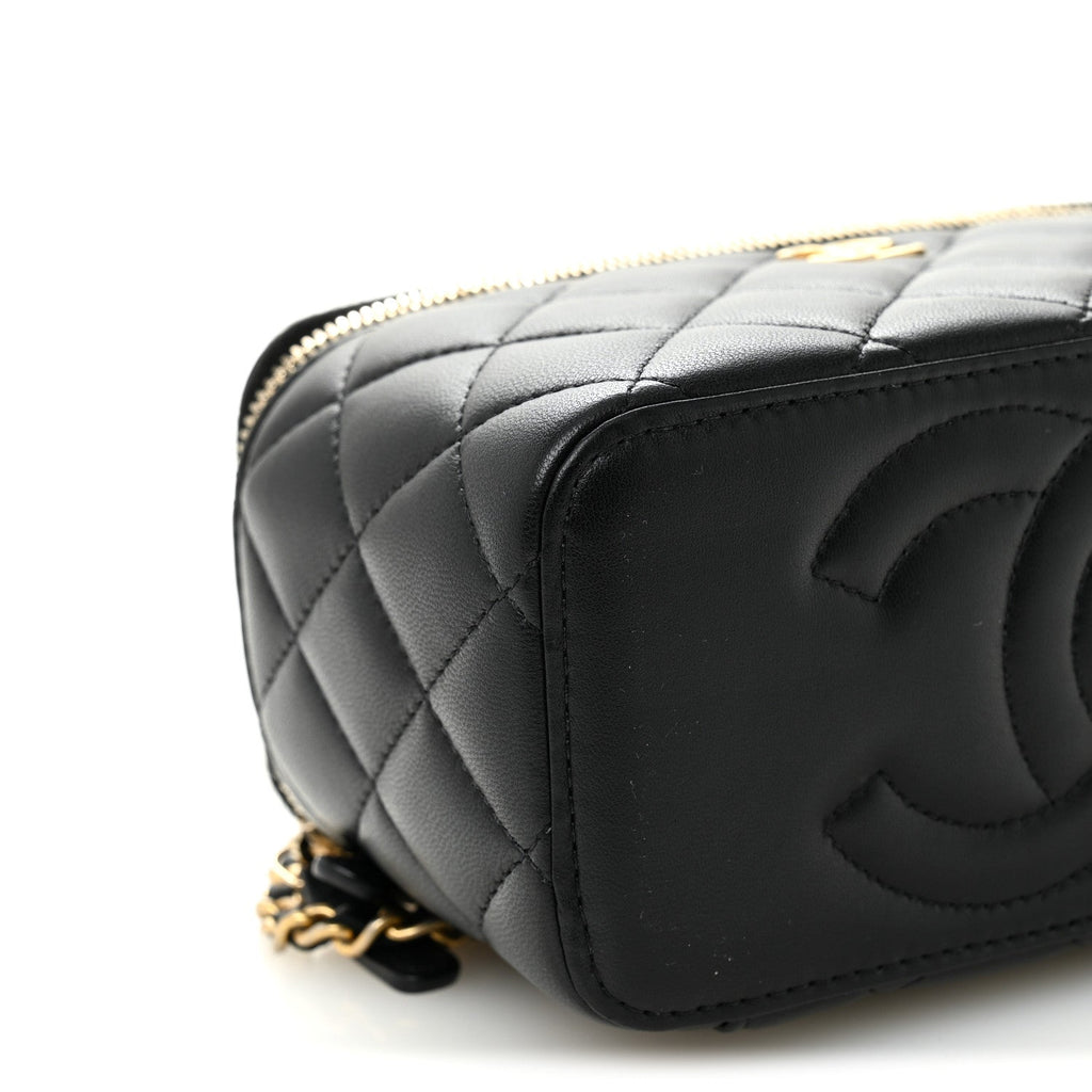 Lambskin Quilted Metal Small Top Handle Vanity Case With Chain Black