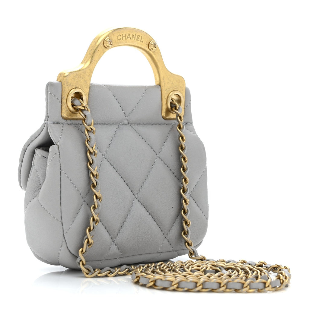 Calfskin Quilted Lady Handle Flap  Holder With Chain Grey