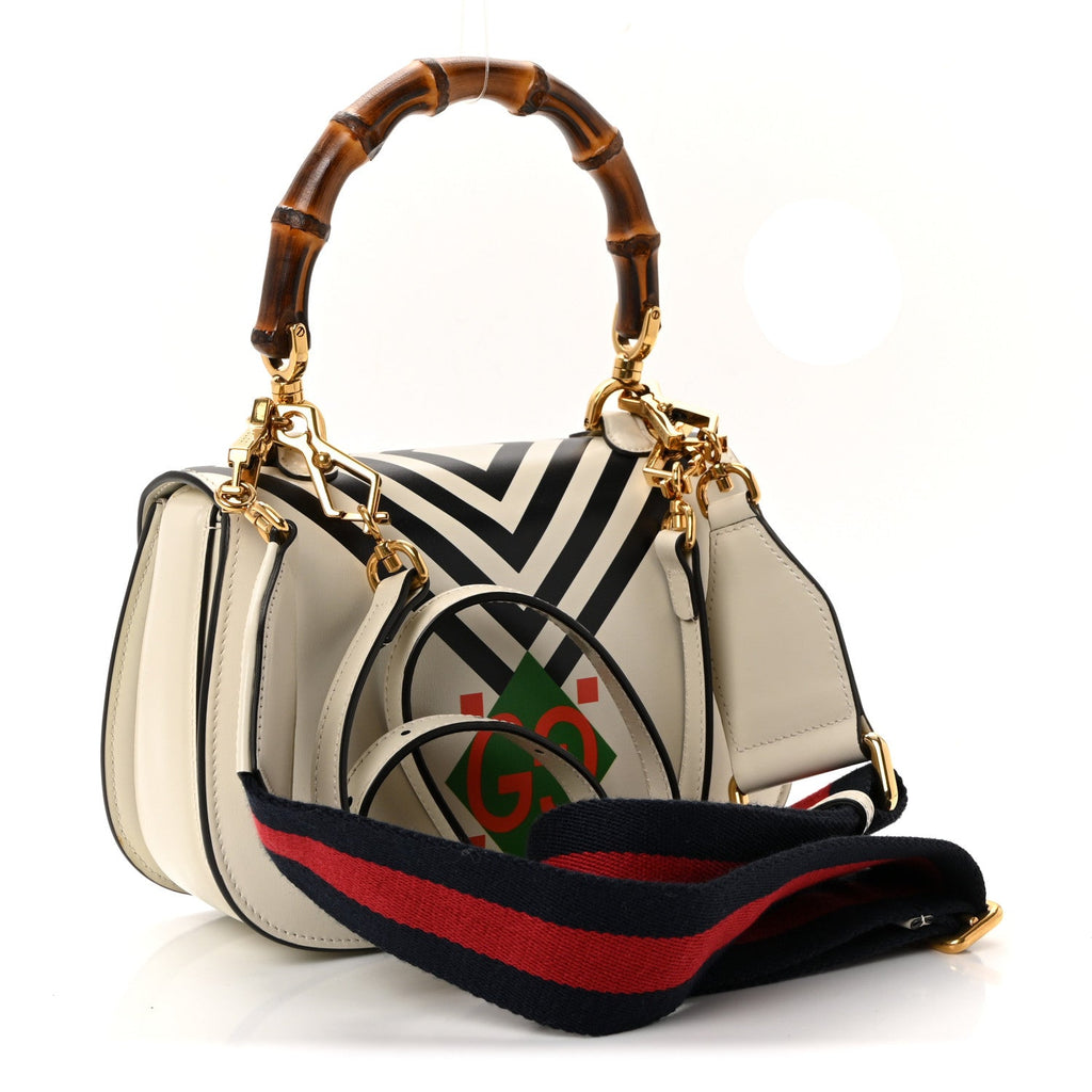 Calfskin Web Geometric Print Small Bamboo 1947 Top Handle Bag White Multi