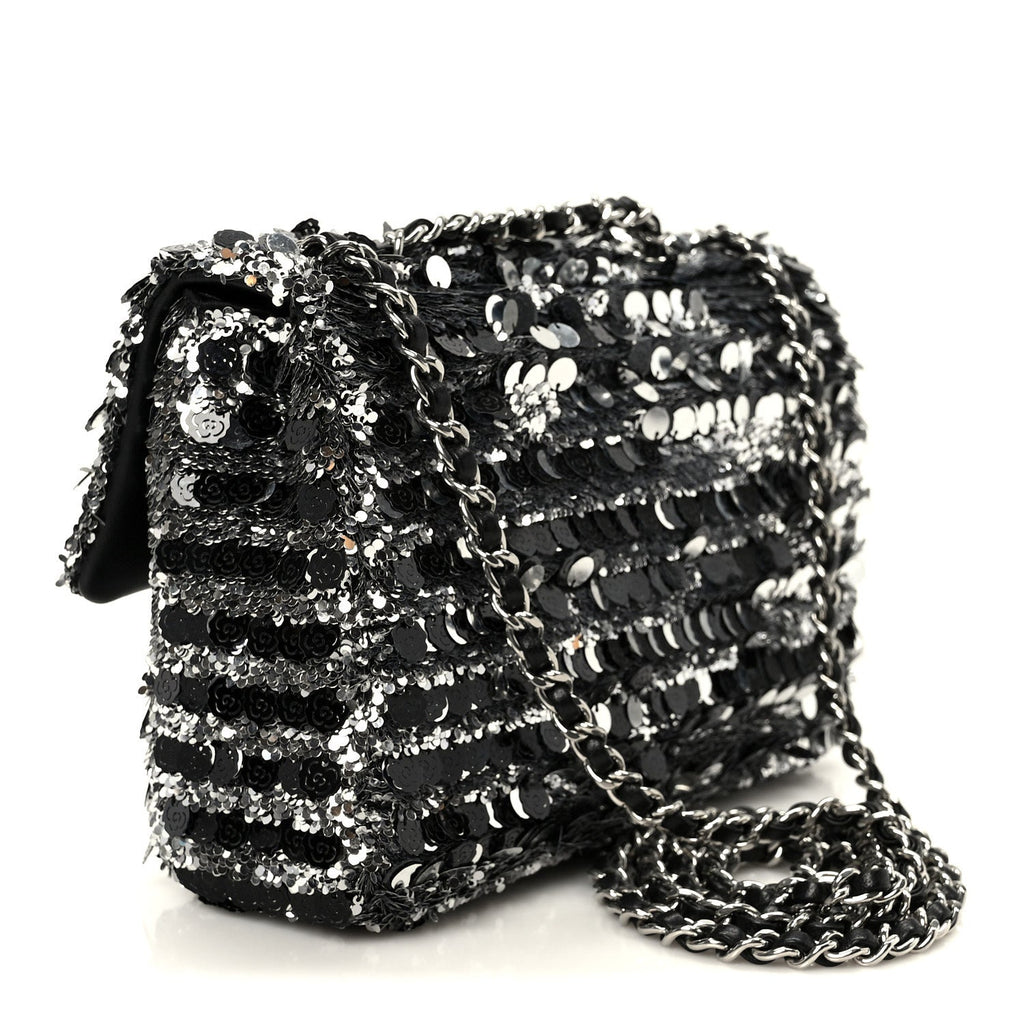 Sequin Quilted Small Single Flap Silver Black