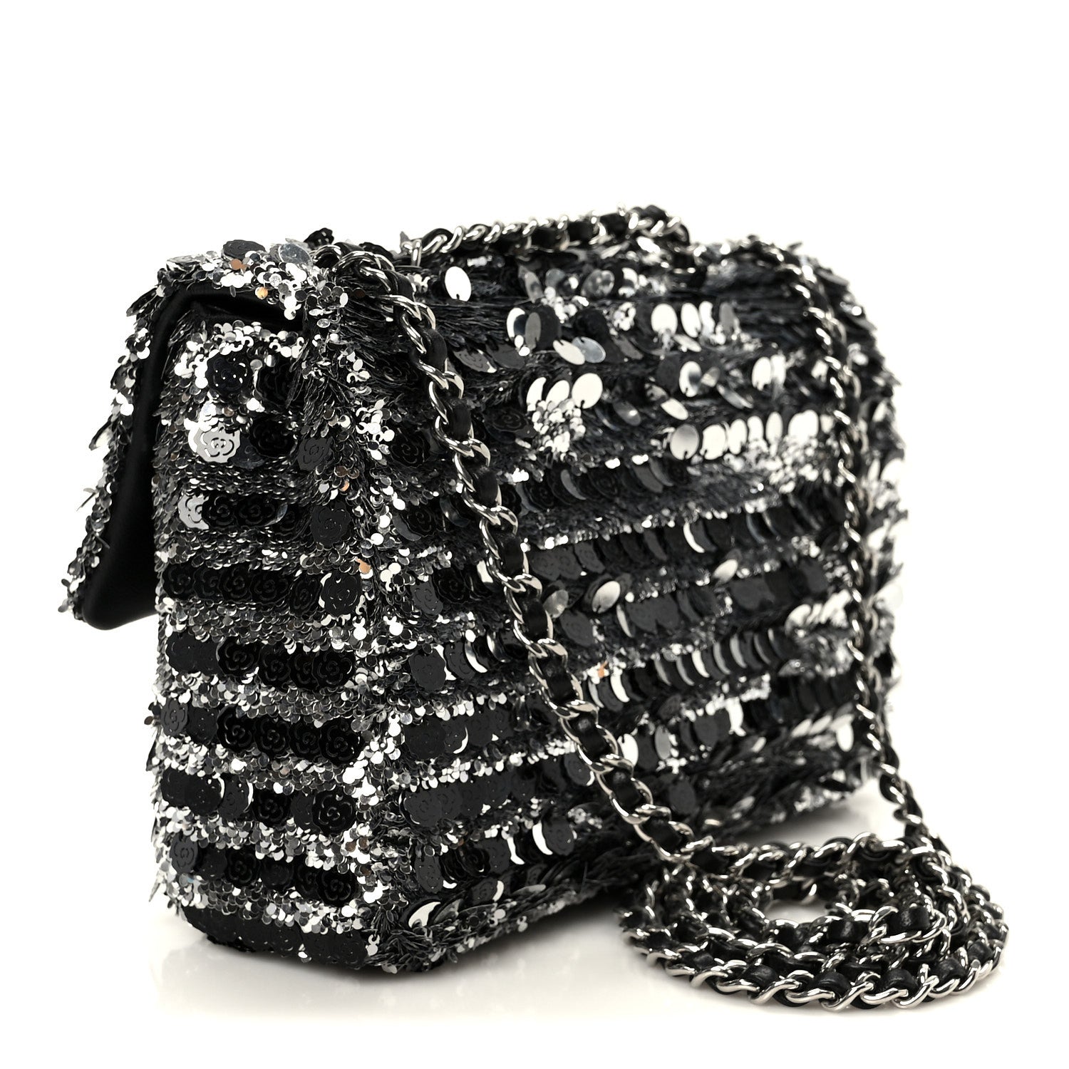 Sequin Quilted Small Single Flap Silver Black
