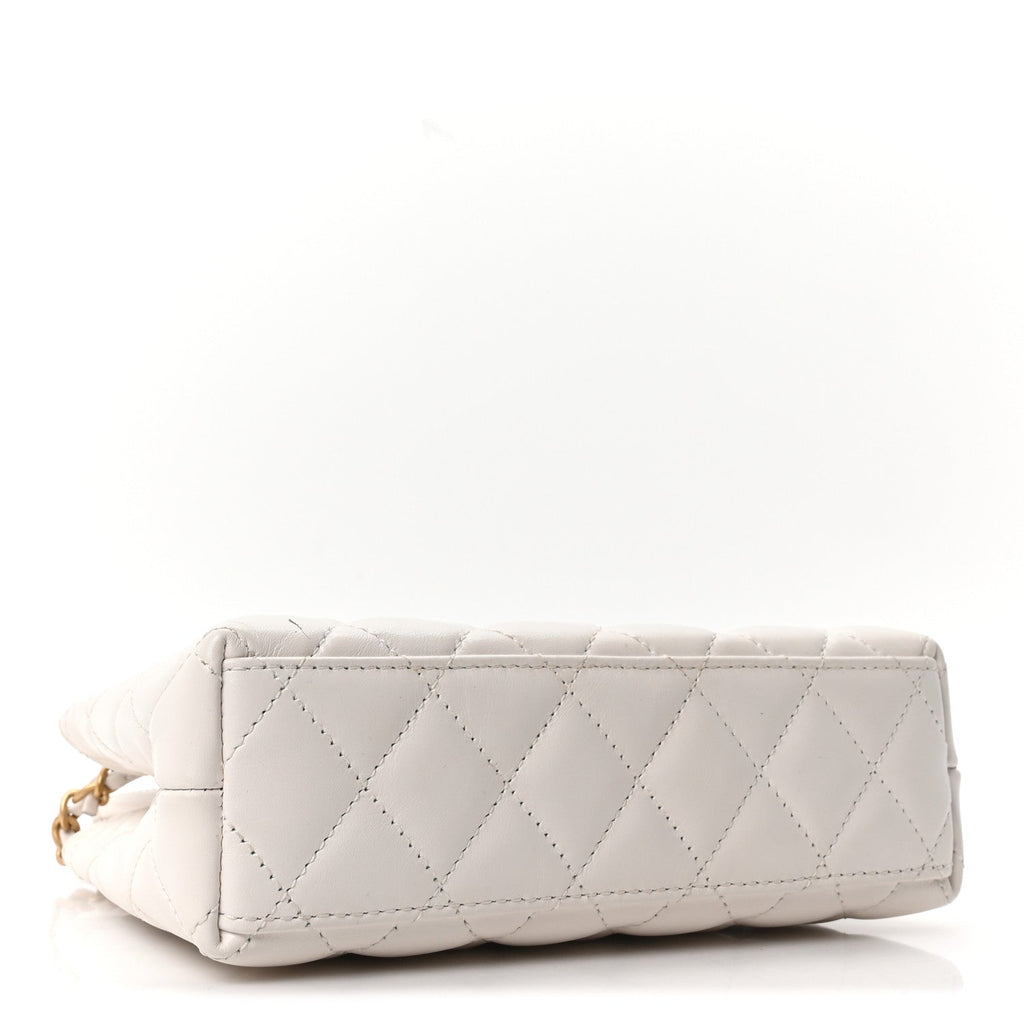 Shiny Aged Calfskin Quilted Nano Kelly Shopper White