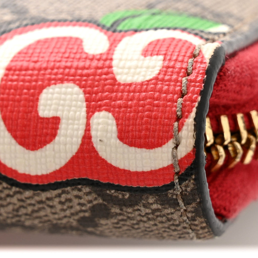 GG Supreme Monogram Apple Zip Around Wallet Beige Multicolor Lobster Red
