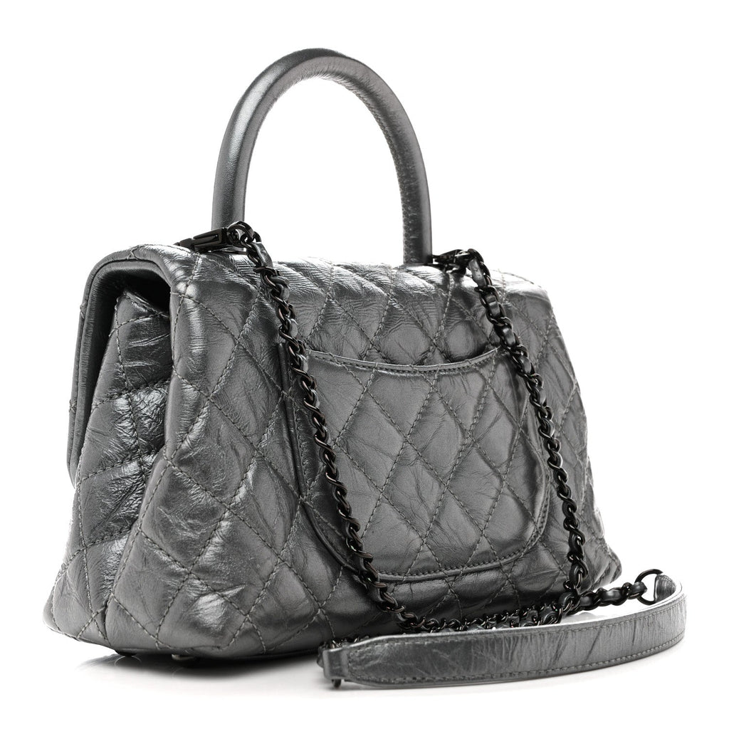 Metallic Aged Calfskin Quilted Mini Coco Handle Flap Charcoal