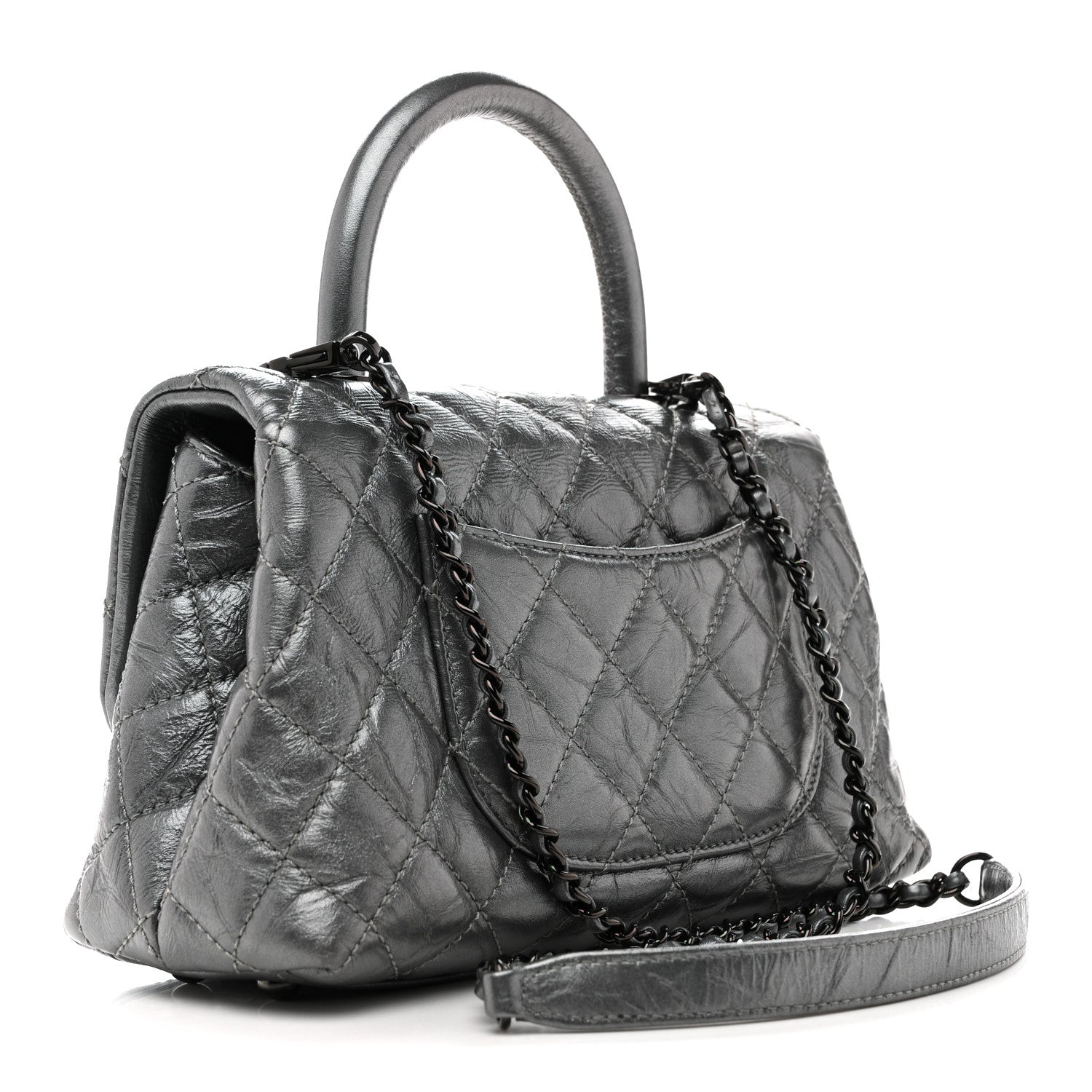 Metallic Aged Calfskin Quilted Mini Coco Handle Flap Charcoal