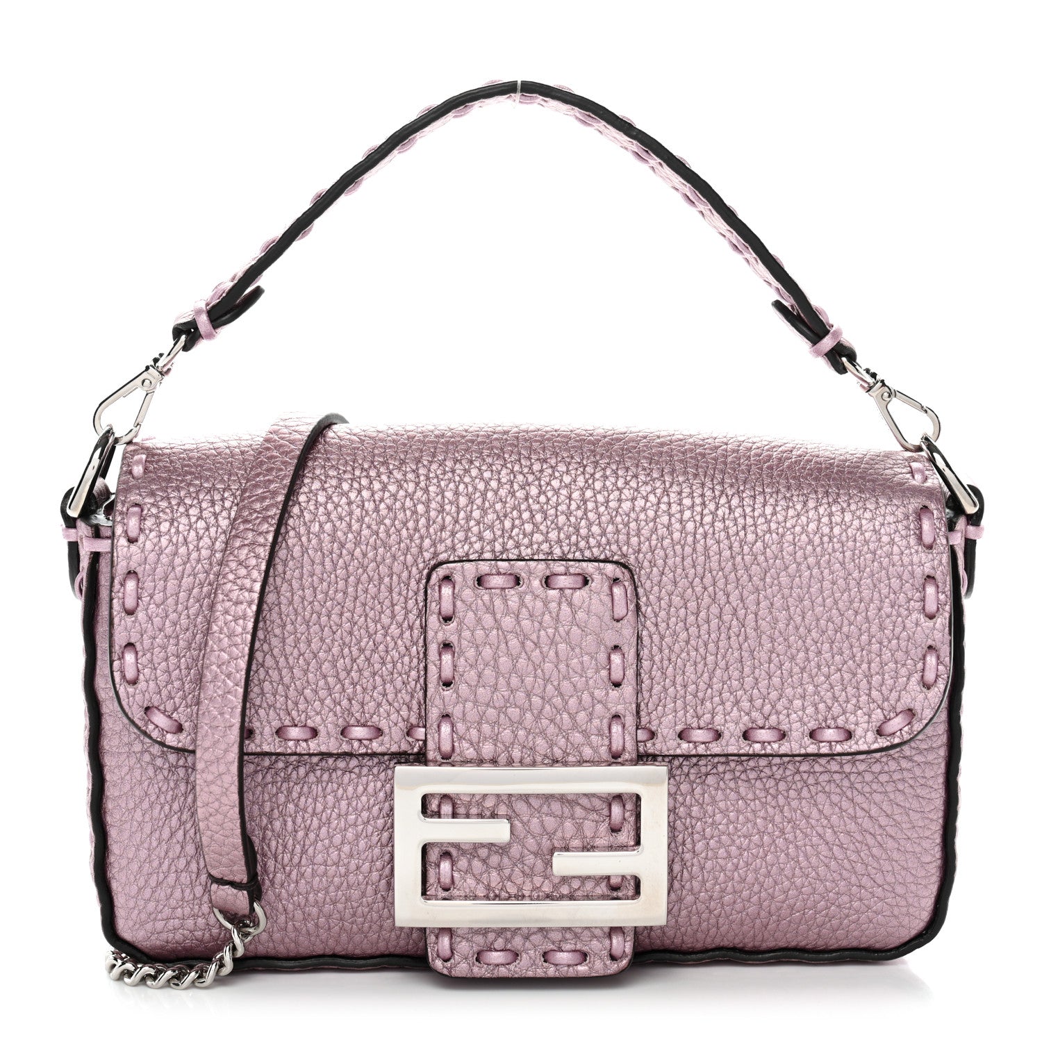 Metallic Cuoio Roma Sellerissima Nappa Sintetica Tape Stitch Mini Baguette Rosa Placca Argento