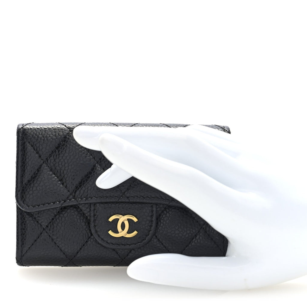 Caviar Quilted Flap  Holder Wallet Black