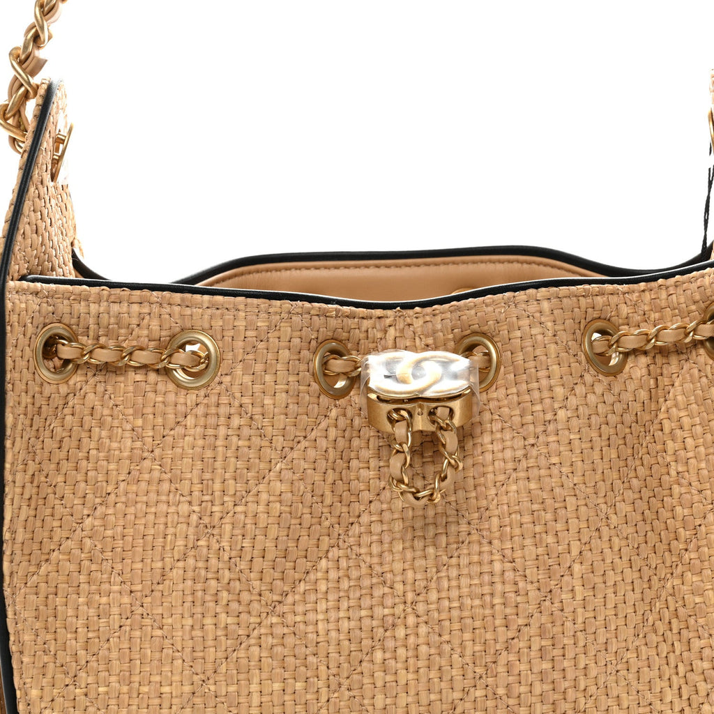Braided Raffia Calfskin Quilted Mini Chanel 25 Handbag Beige Black