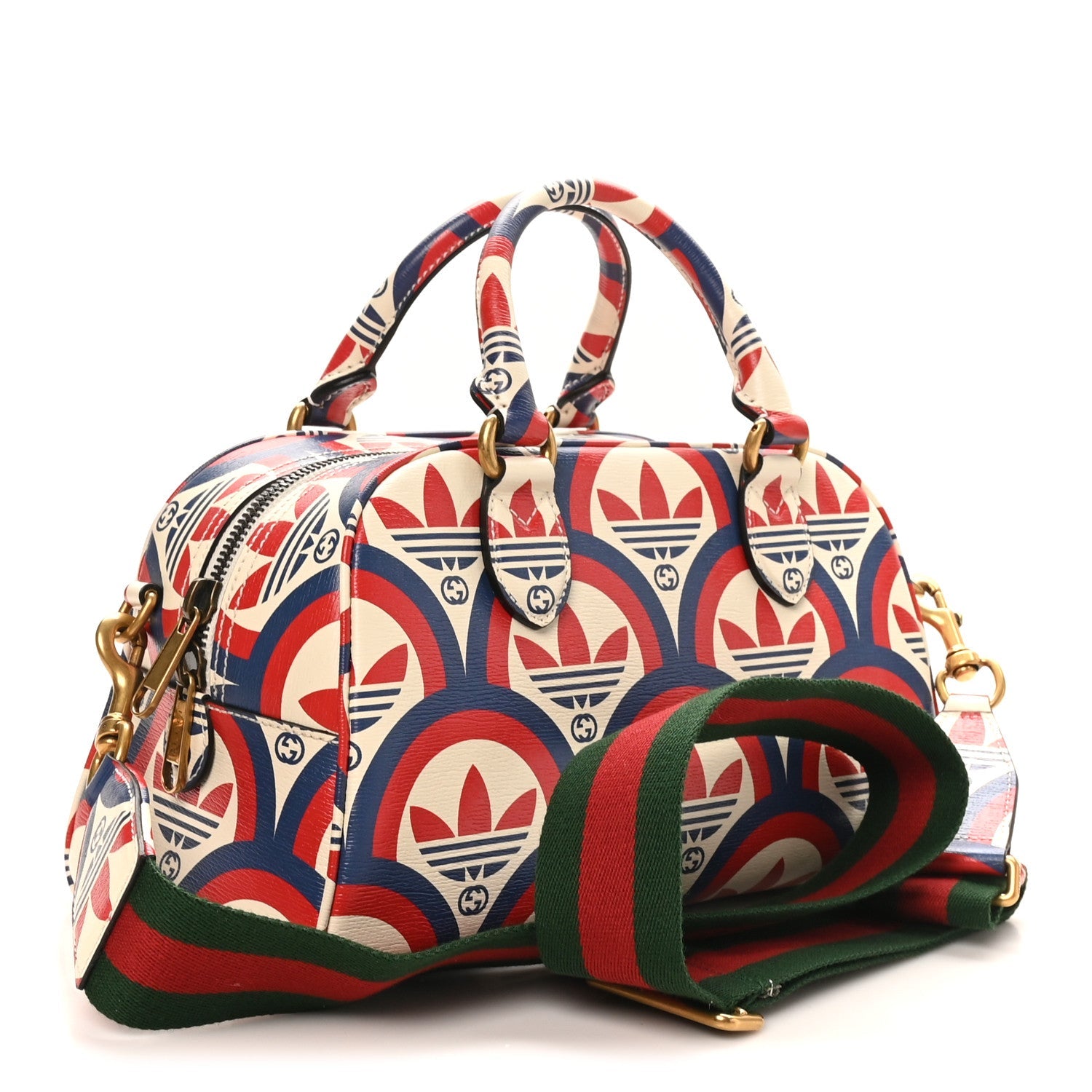 X ADIDAS Shangai Calfskin Web Trefoil Interlocking G Mini Duffle Bag Red White Blue