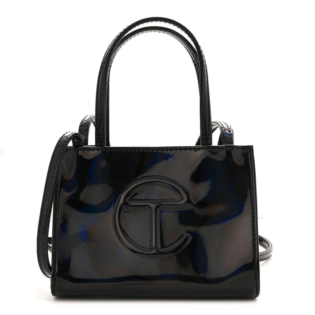 Patent Vegan Leather Small Shopping Bag Black Rainbow