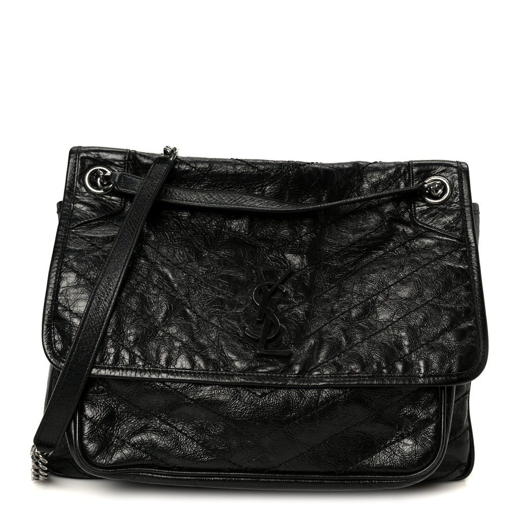 Crinkled Calfskin Matelasse Monogram Large Niki Chain Satchel Black