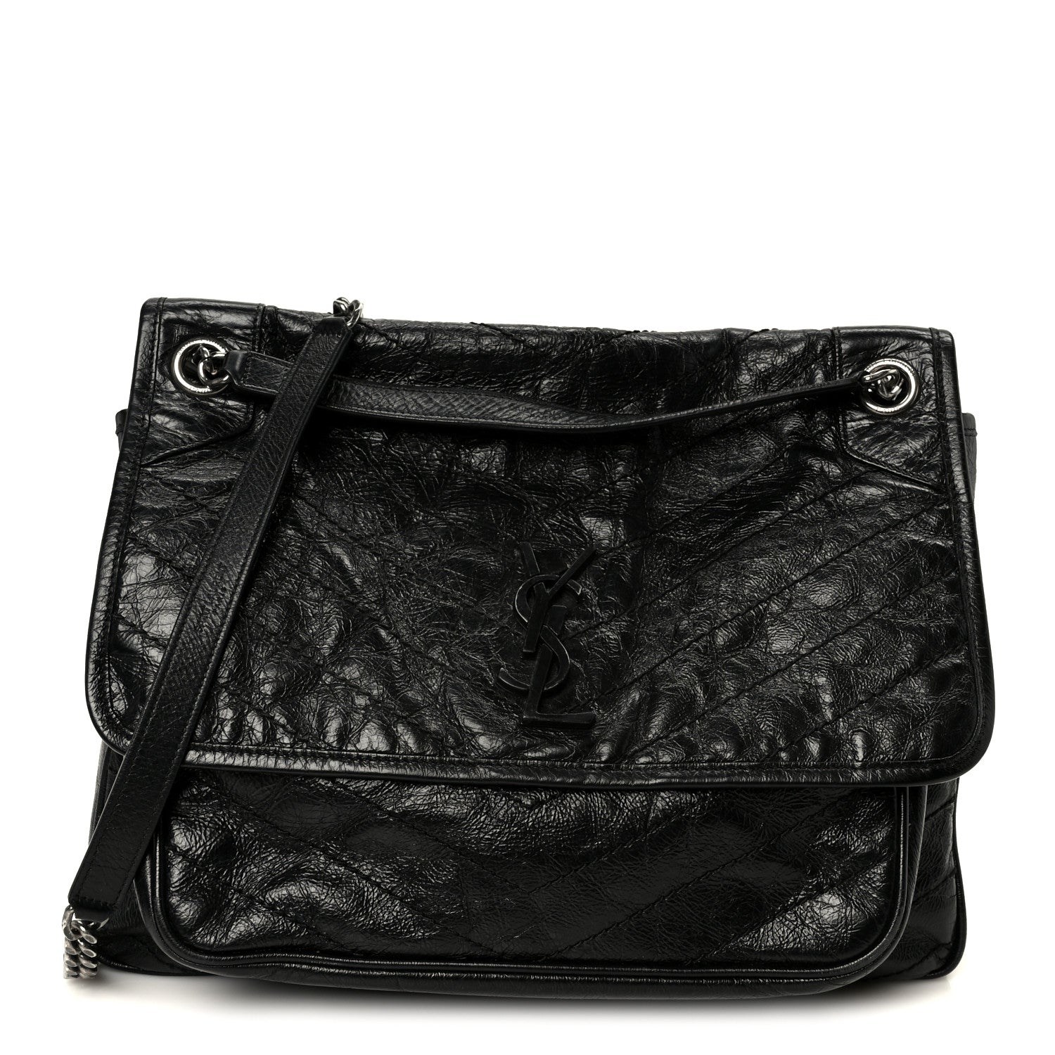 Crinkled Calfskin Matelasse Monogram Large Niki Chain Satchel Black