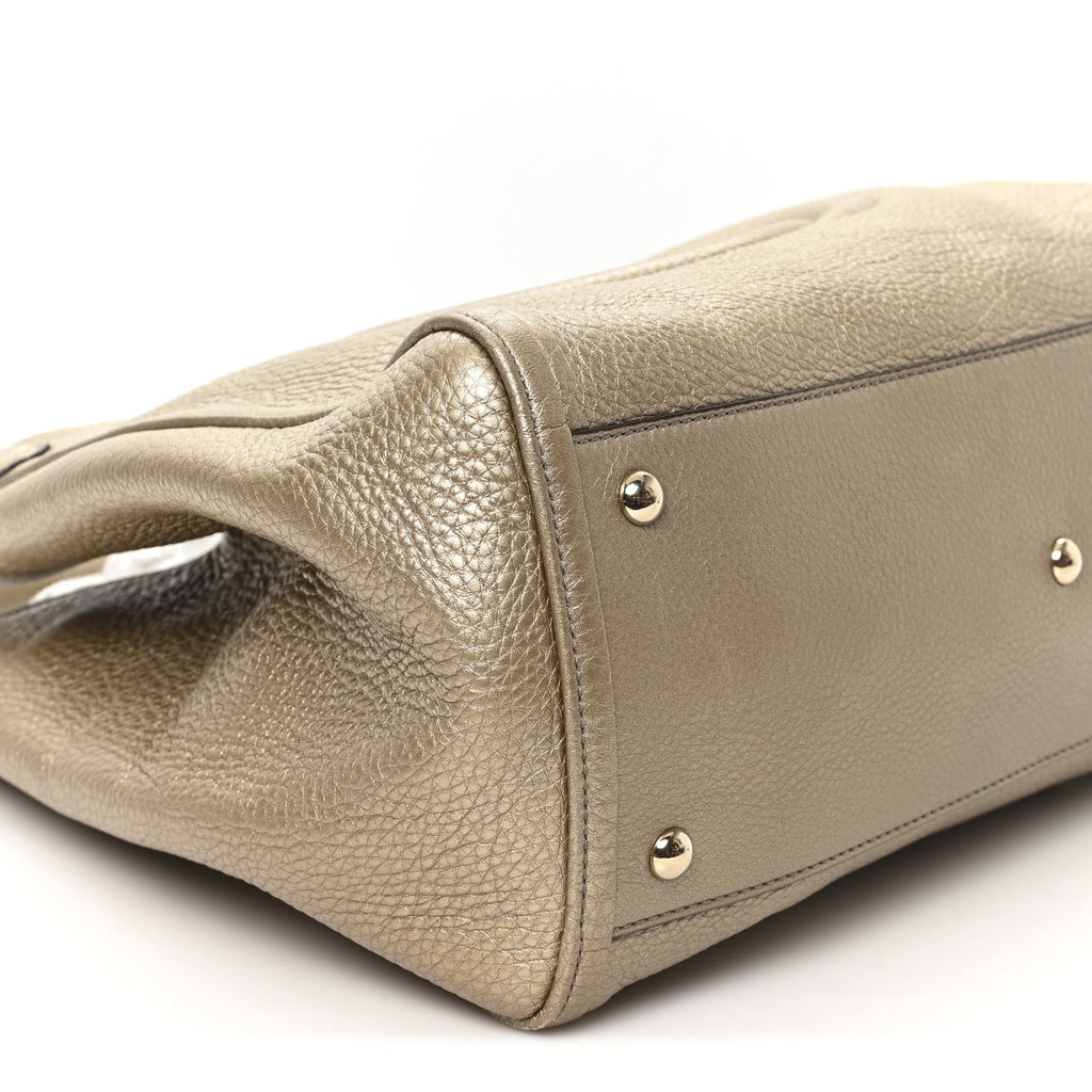 Metallic Pebbled Calfskin Medium Soho Shoulder Bag Golden Beige