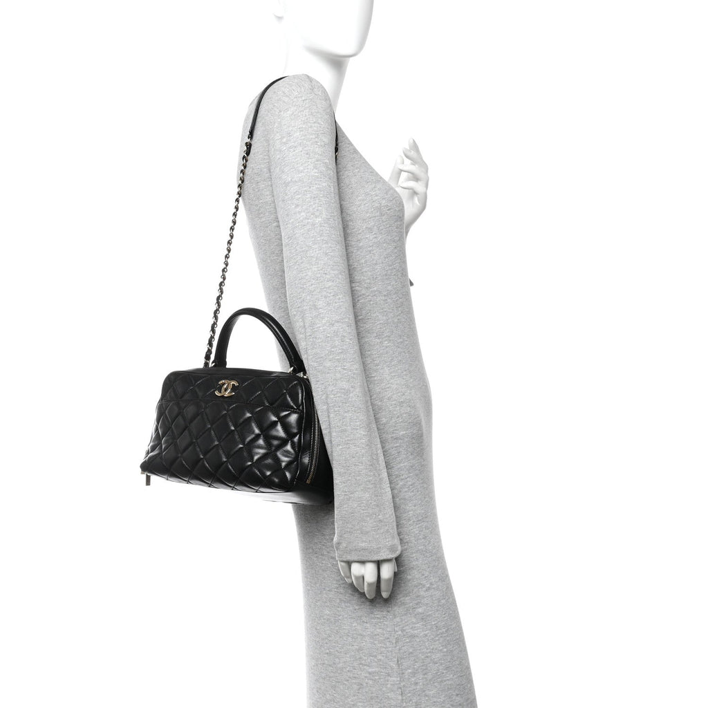 Lambskin Quilted Medium Trendy CC Bowling Bag Black