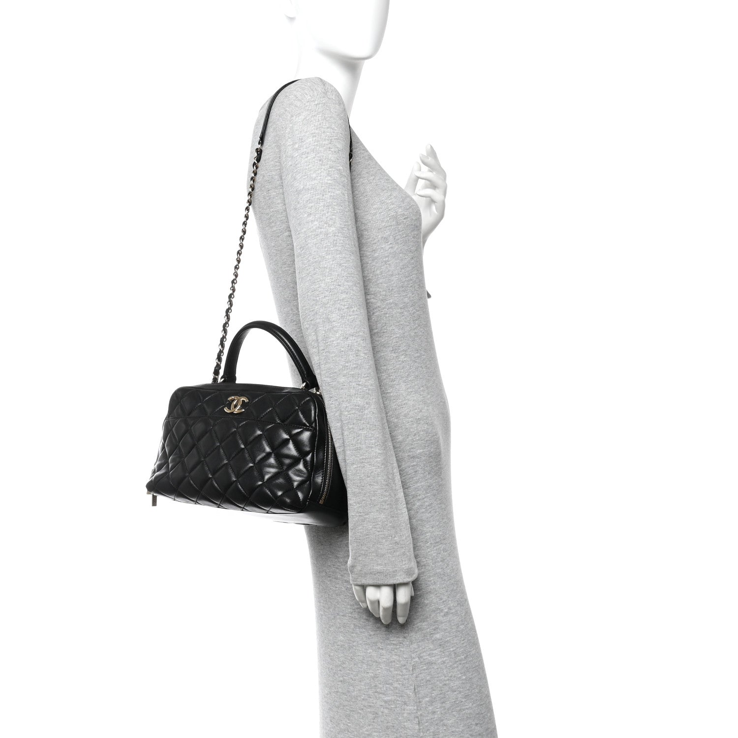 Lambskin Quilted Medium Trendy CC Bowling Bag Black