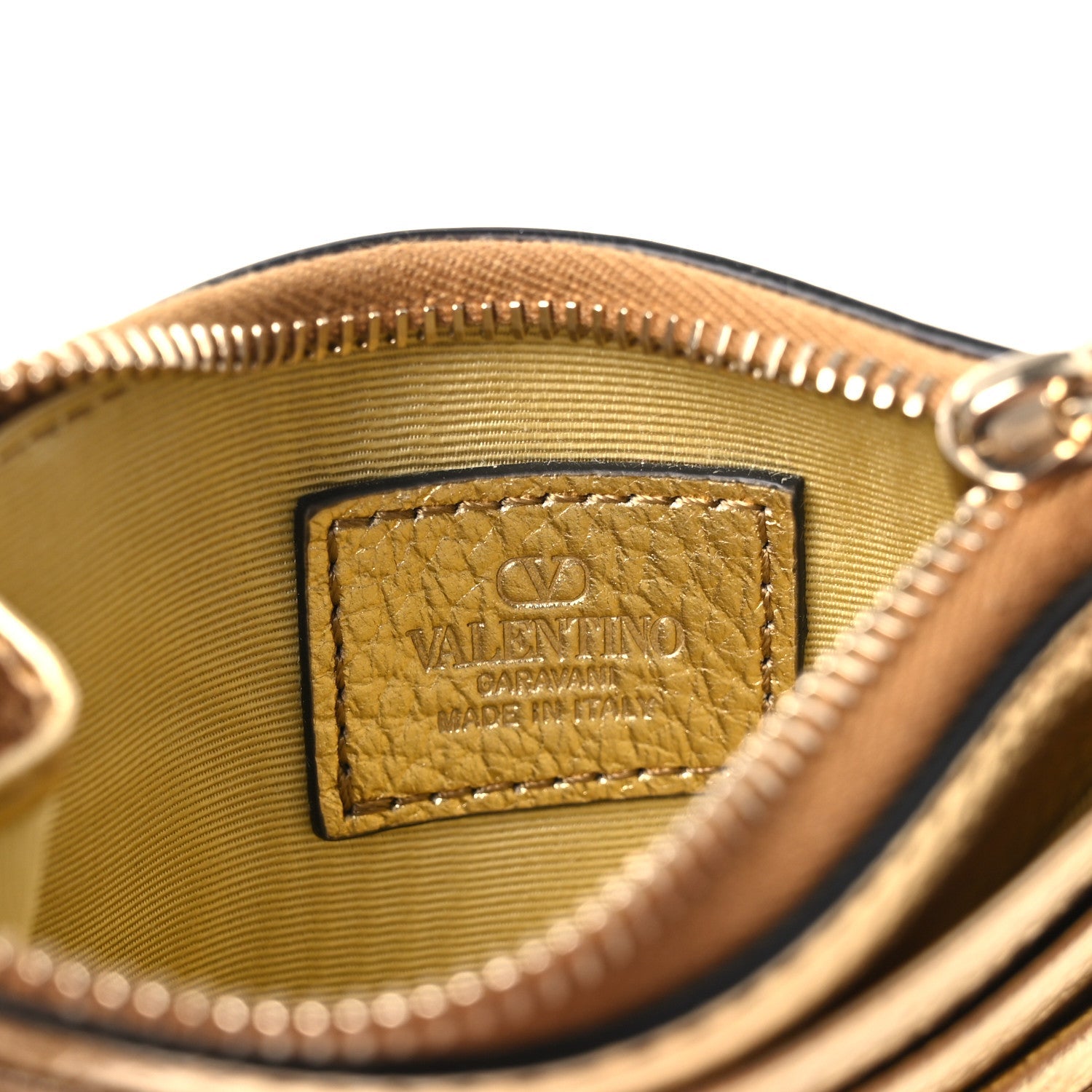 Metallic Pebbled Calfskin Rockstud  Holder With Zipper Gold