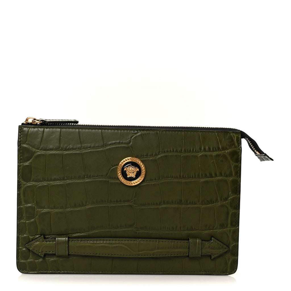 Calfskin Crocodile Embossed La Medusa Pouch Dark Olive